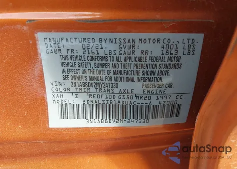 2021 Nissan Sentra Sr Xtronic Cvt из США, поврежденный, VIN 3N1AB8DV2MY247330